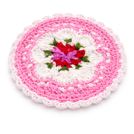 Floral Crochet Doily Coaster Pink Cotton Yarn Handcrafted